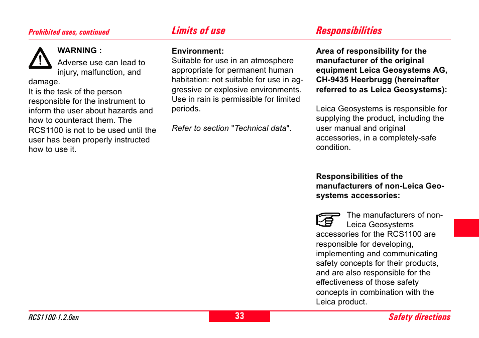 Limits of use, Responsibilities, Limits of use responsibilities | Leica Geosystems RCS1100 Series User Manual | Page 33 / 44