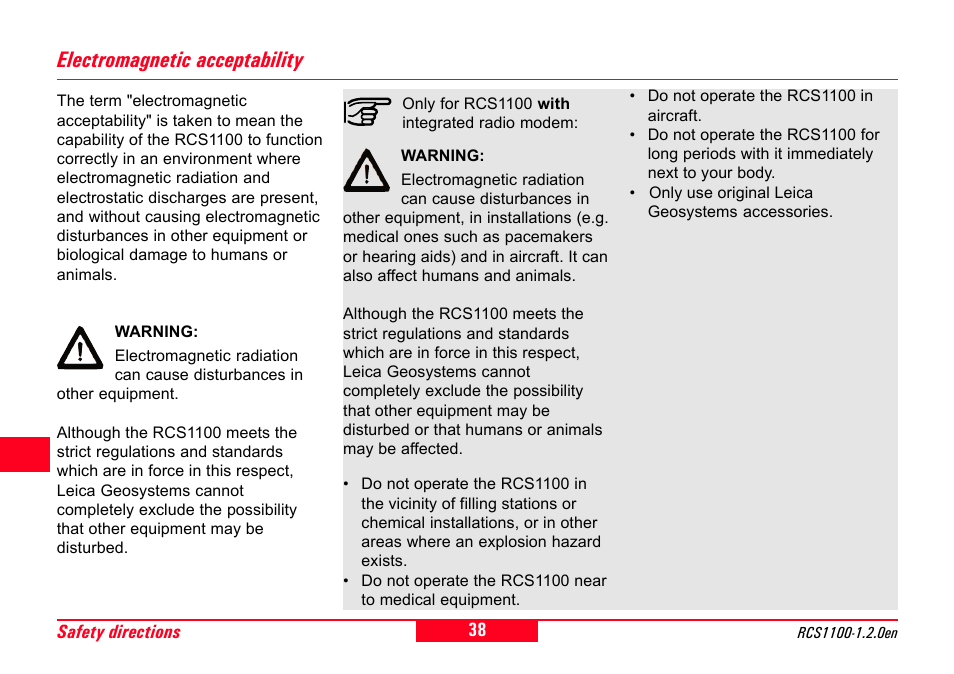 Electromagnetic acceptability | Leica Geosystems RCS1100 Series User Manual | Page 38 / 44