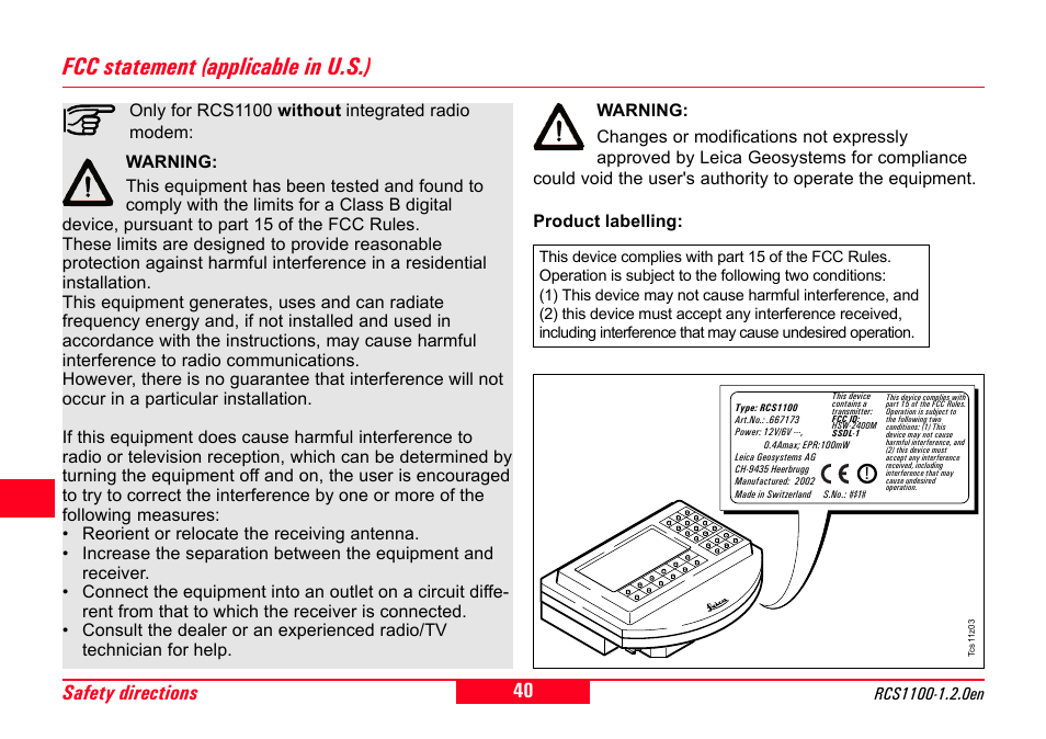 Fcc statement (applicable in u.s.), 40 safety directions | Leica Geosystems RCS1100 Series User Manual | Page 40 / 44