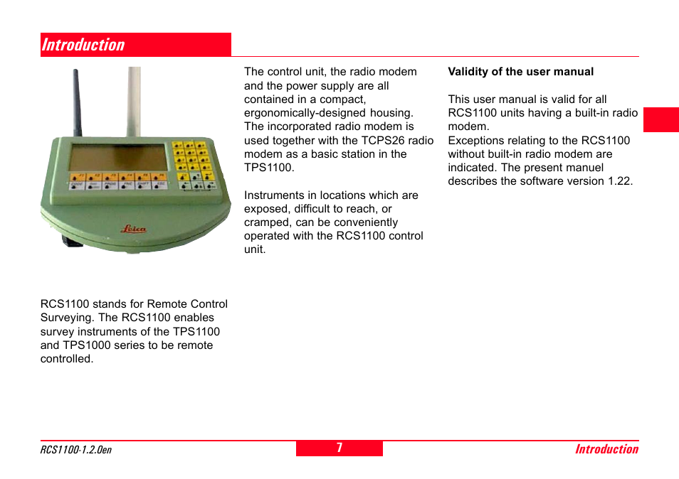 Introduction | Leica Geosystems RCS1100 Series User Manual | Page 7 / 44