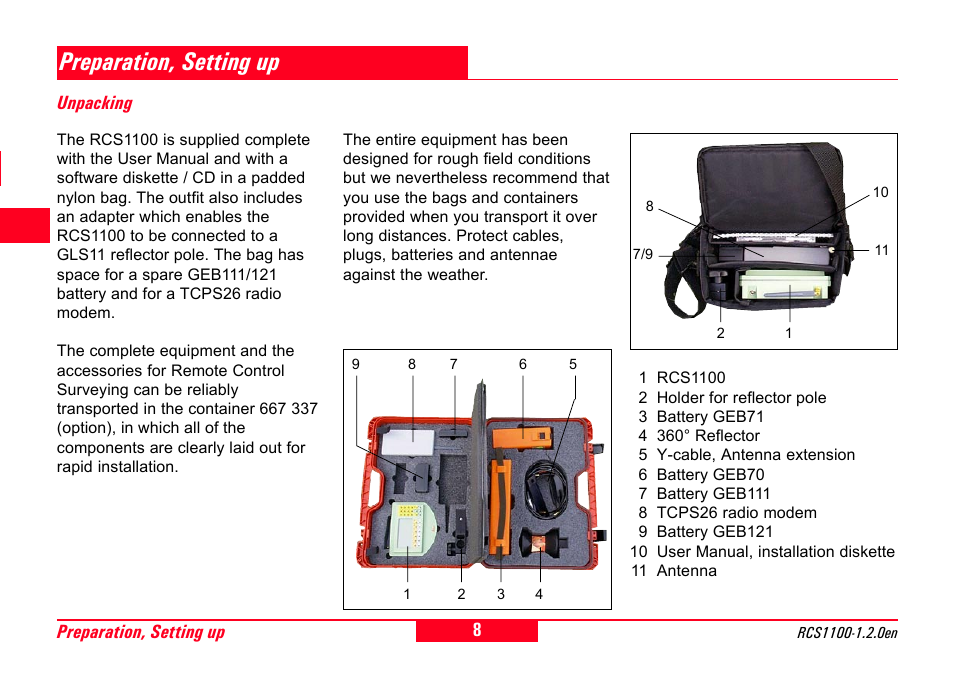 Preparation, setting up, Unpacking, 8preparation, setting up | Leica Geosystems RCS1100 Series User Manual | Page 8 / 44