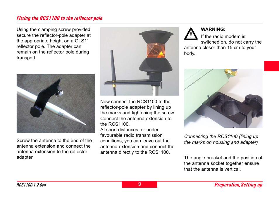 Fitting the rcs1100 to the reflector pole, Antenna extension, Reflector-pole adapter | Leica Geosystems RCS1100 Series User Manual | Page 9 / 44
