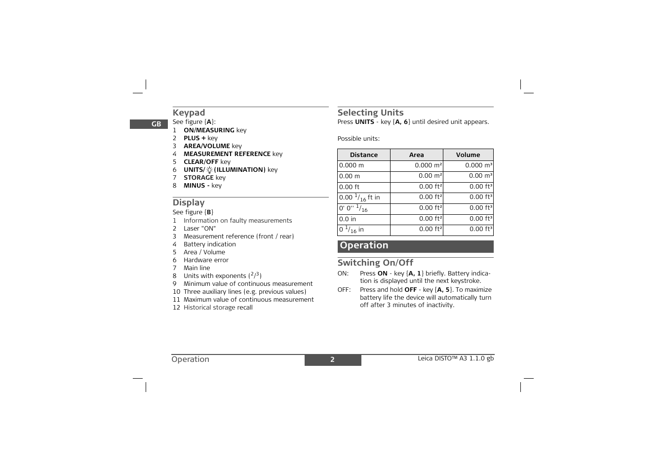 Operation | Leica Geosystems Leica DISTO A3 User Manual | Page 5 / 10