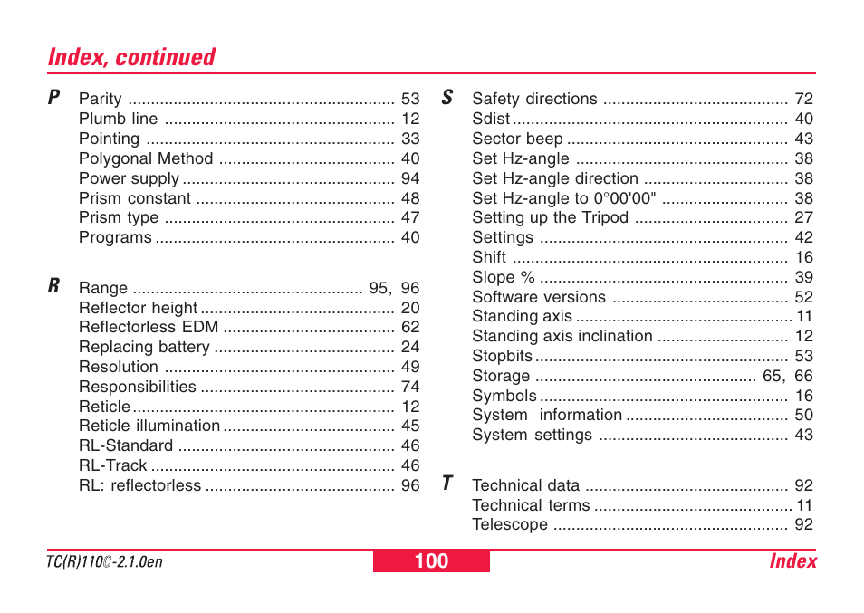 Index, continued | Leica Geosystems TPS110C User Manual | Page 100 / 104