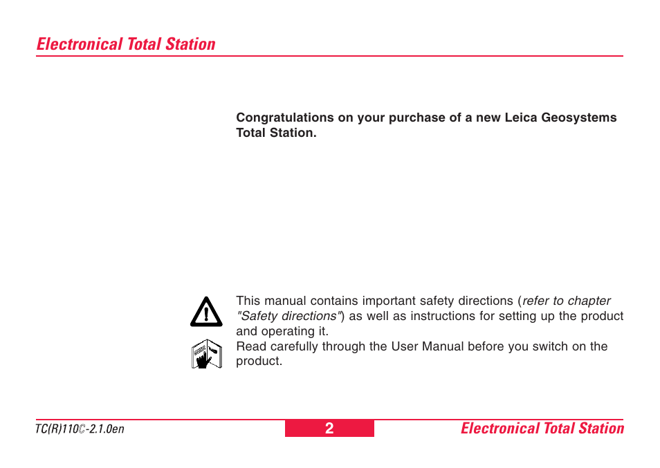 Electronical total station | Leica Geosystems TPS110C User Manual | Page 2 / 104