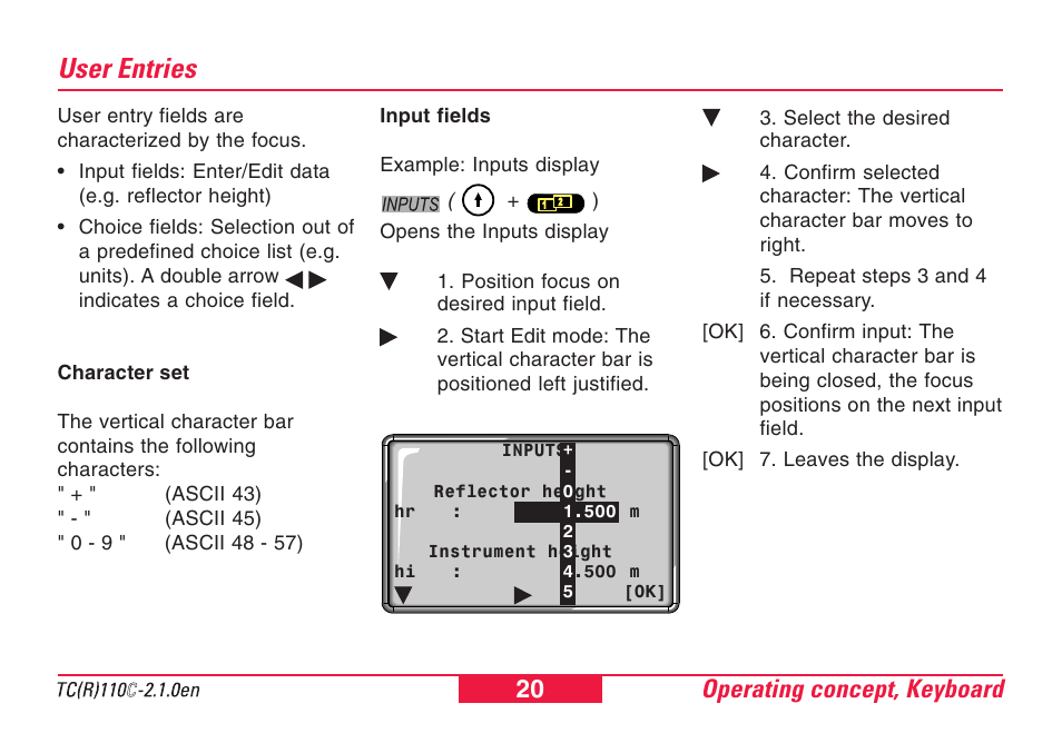 User entries, Operating concept, keyboard 20 | Leica Geosystems TPS110C User Manual | Page 20 / 104