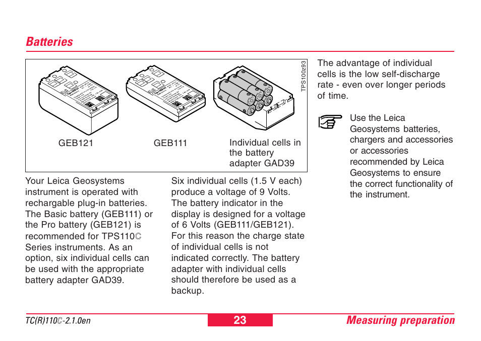 Batteries, Inserting / replacing battery | Leica Geosystems TPS110C User Manual | Page 23 / 104