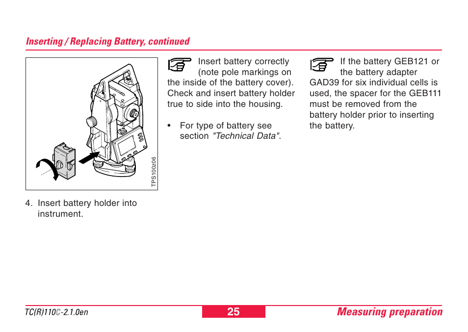 Setting up the tripod, Measuring preparation 25 | Leica Geosystems TPS110C User Manual | Page 25 / 104