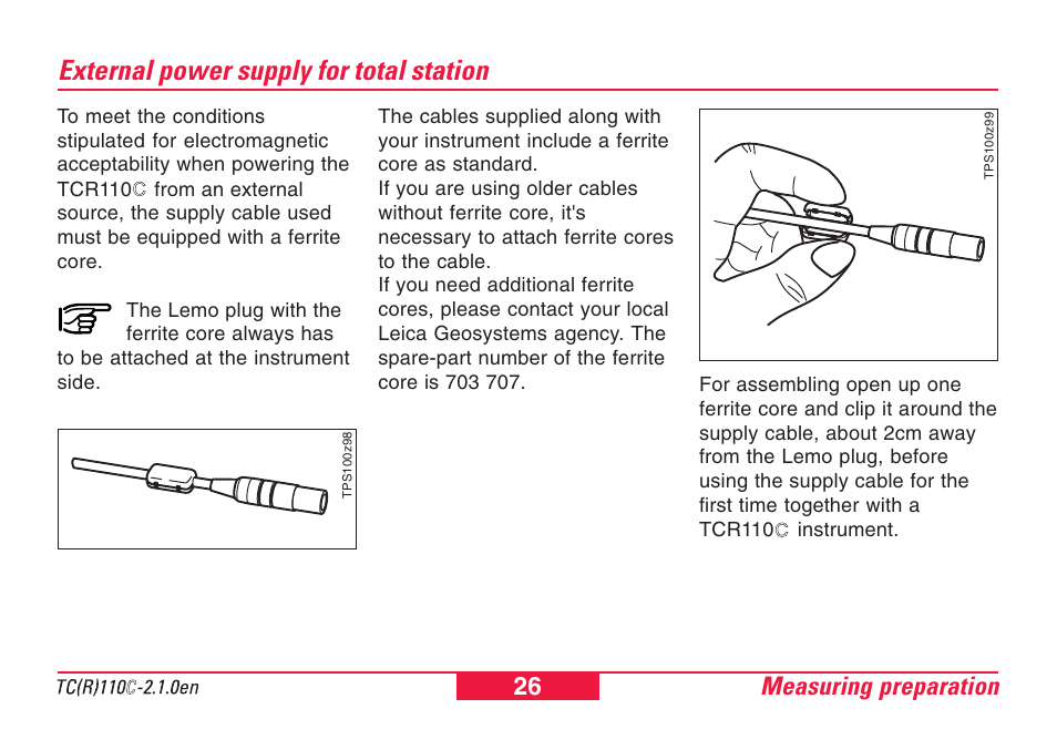 External power supply for total station, Measuring preparation 26 | Leica Geosystems TPS110C User Manual | Page 26 / 104