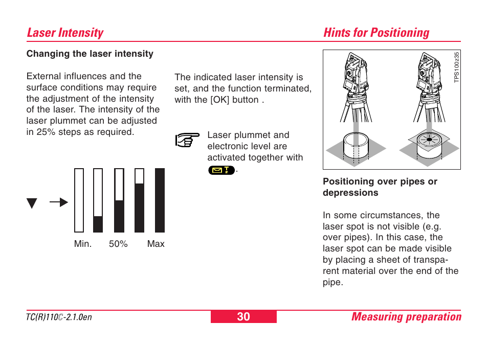 Laser intensity, Hints for positioning | Leica Geosystems TPS110C User Manual | Page 30 / 104