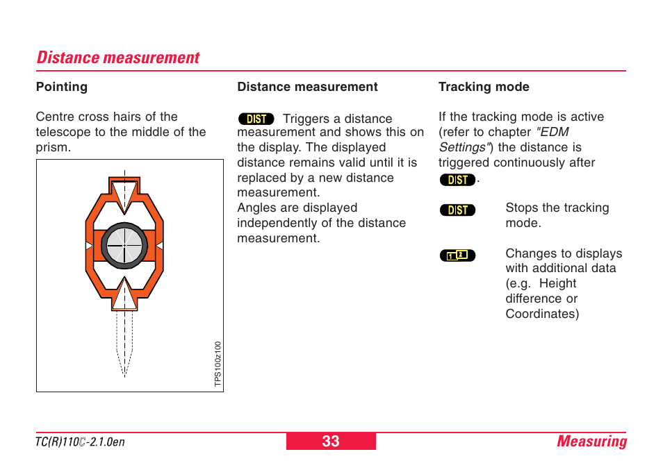 Distance measurement, Measuring 33 | Leica Geosystems TPS110C User Manual | Page 33 / 104