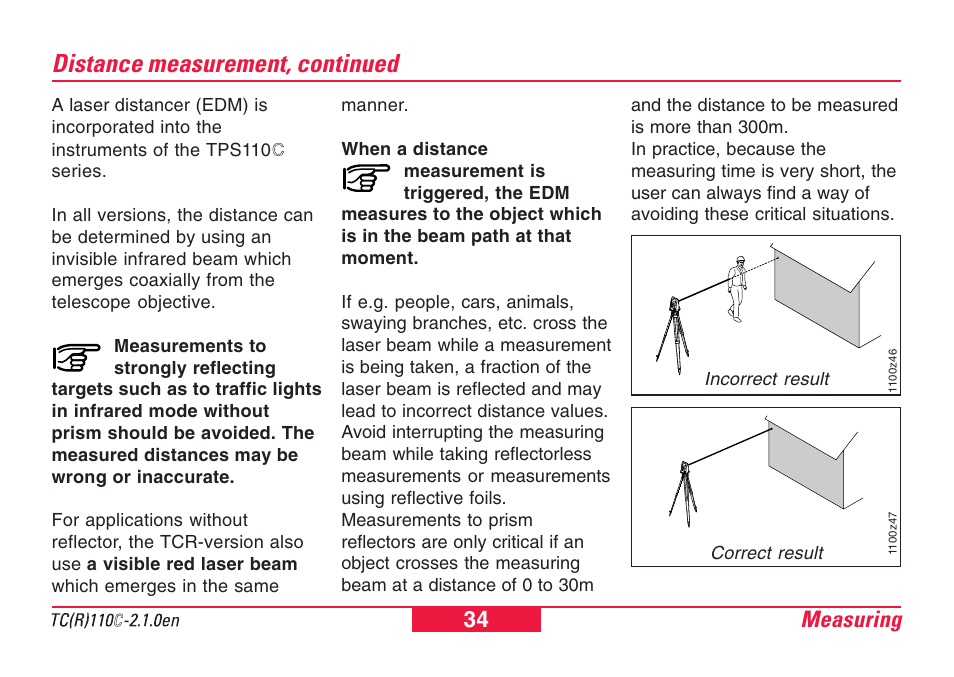Distance measurement, continued, Measuring 34 | Leica Geosystems TPS110C User Manual | Page 34 / 104