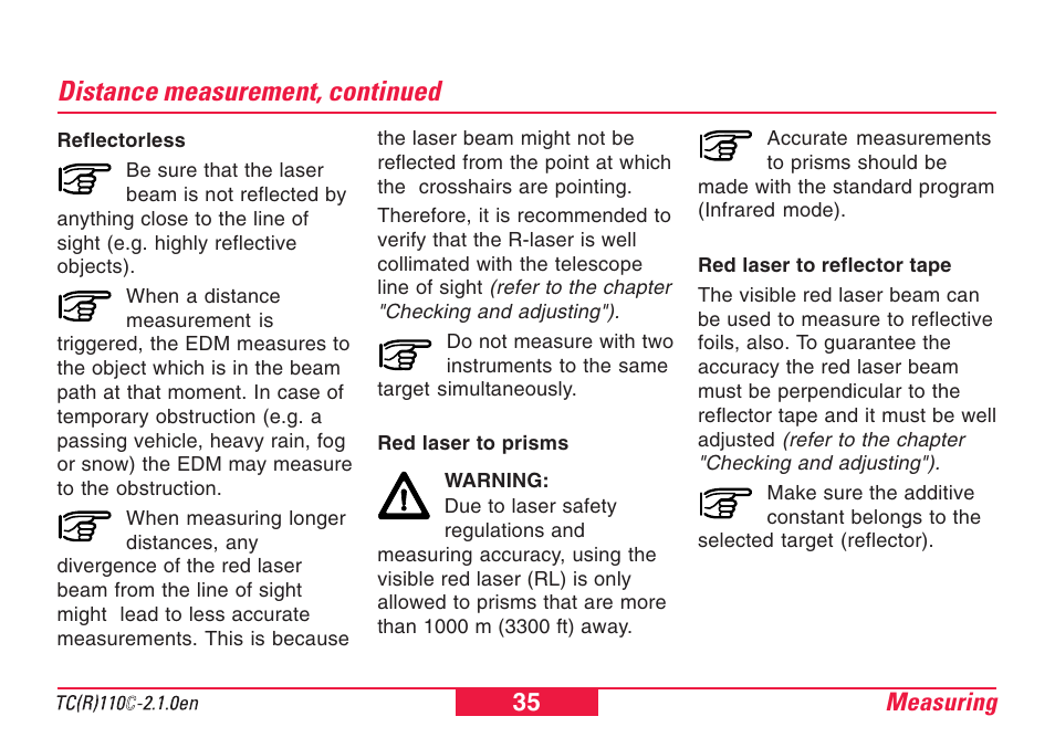 Distance measurement, continued, Measuring 35 | Leica Geosystems TPS110C User Manual | Page 35 / 104