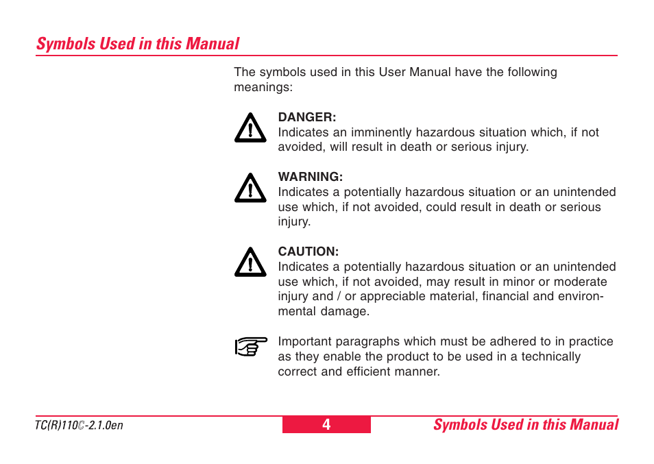 Symbols used in this manual | Leica Geosystems TPS110C User Manual | Page 4 / 104