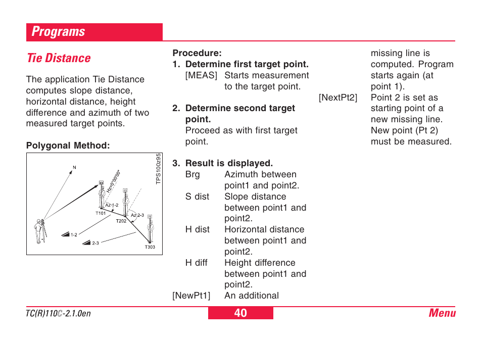 Programs, Tie distance | Leica Geosystems TPS110C User Manual | Page 40 / 104