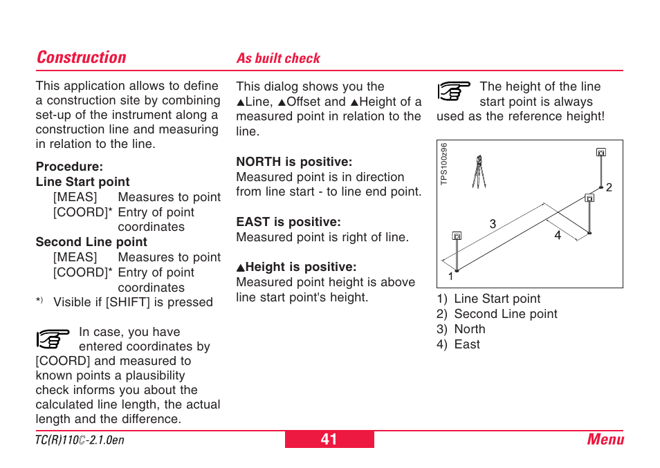 Construction, As built check, Menu 41 | Leica Geosystems TPS110C User Manual | Page 41 / 104