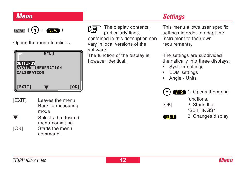 Menu, Settings, Menu 42 | Leica Geosystems TPS110C User Manual | Page 42 / 104