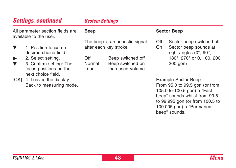 System settings, Settings, continued | Leica Geosystems TPS110C User Manual | Page 43 / 104