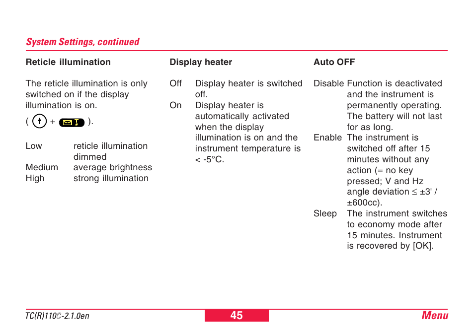 Menu 45 | Leica Geosystems TPS110C User Manual | Page 45 / 104