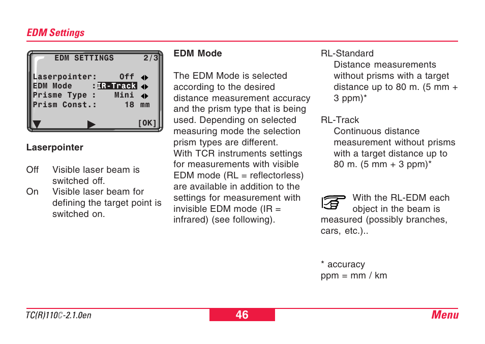 Edm settings, Menu 46 | Leica Geosystems TPS110C User Manual | Page 46 / 104