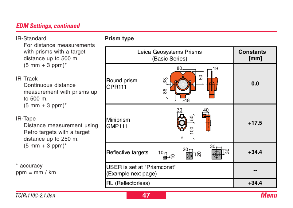 Menu 47 | Leica Geosystems TPS110C User Manual | Page 47 / 104