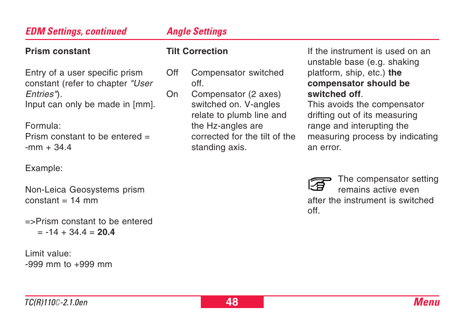 Angle settings, Menu 48 | Leica Geosystems TPS110C User Manual | Page 48 / 104