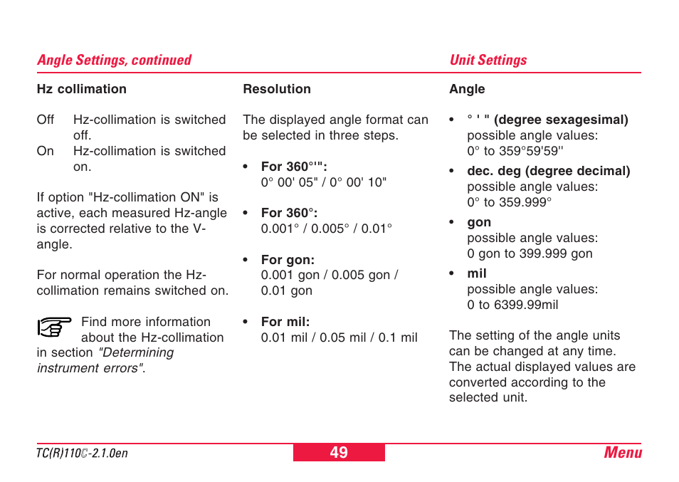 Unit settings, Menu 49 | Leica Geosystems TPS110C User Manual | Page 49 / 104