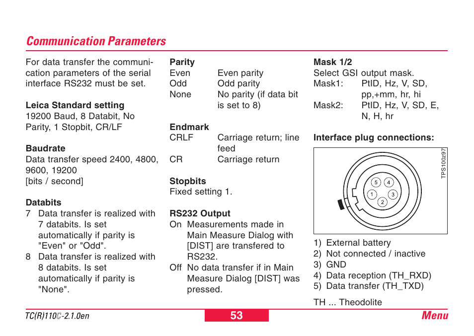 Communication parameters, Menu 53 | Leica Geosystems TPS110C User Manual | Page 53 / 104