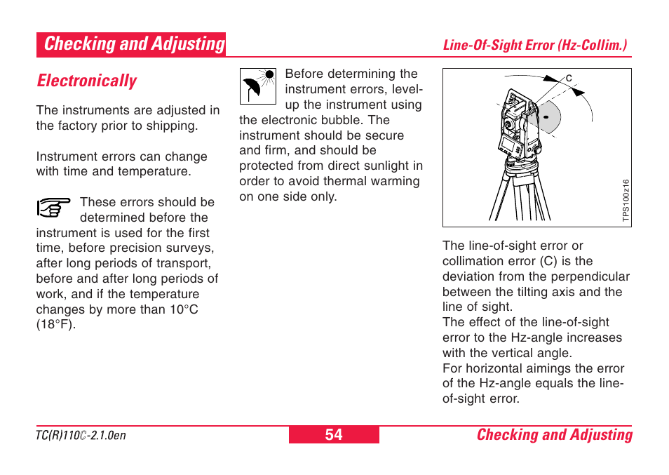 Checking and adjusting, Electronically, Line-of-sight error (hz-collim.) | Leica Geosystems TPS110C User Manual | Page 54 / 104