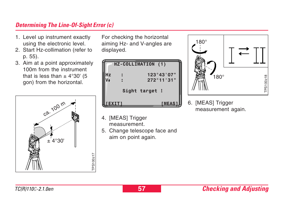 Determining the line-of-sight error (c), Determining the line-of-sight error (c) 57, Checking and adjusting 57 | Leica Geosystems TPS110C User Manual | Page 57 / 104
