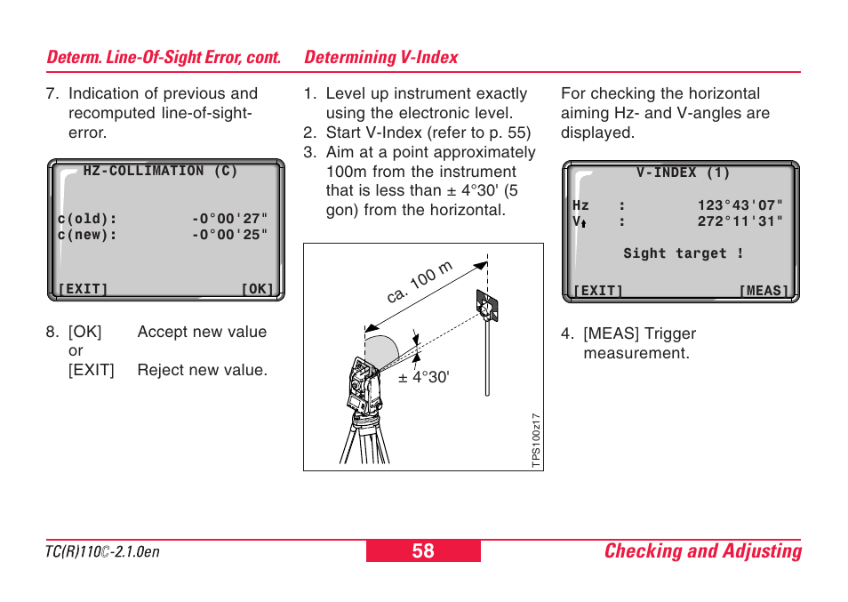 Determining v-index, Checking and adjusting 58 | Leica Geosystems TPS110C User Manual | Page 58 / 104