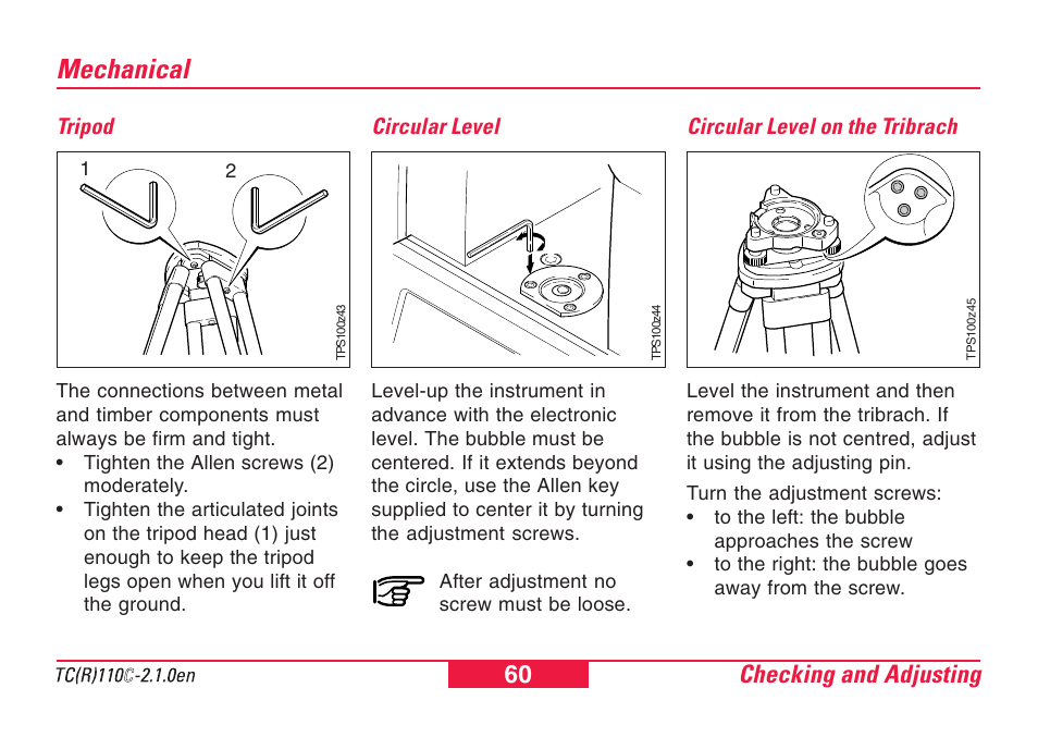 Mechanical, Tripod, Circular level | Circular level on the tribrach, Checking and adjusting 60 | Leica Geosystems TPS110C User Manual | Page 60 / 104