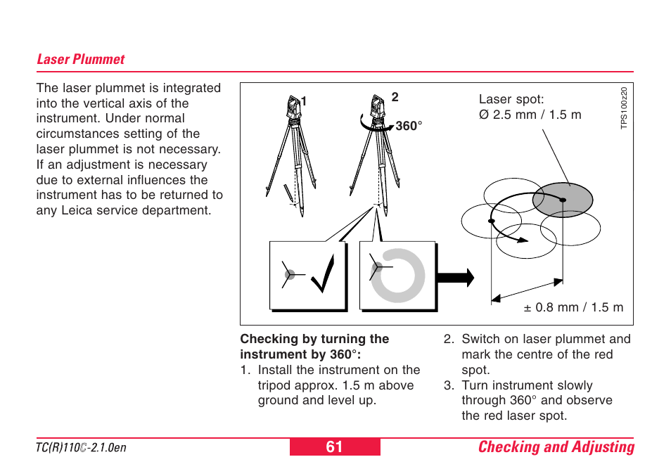 Laser plummet, Checking and adjusting 61 | Leica Geosystems TPS110C User Manual | Page 61 / 104