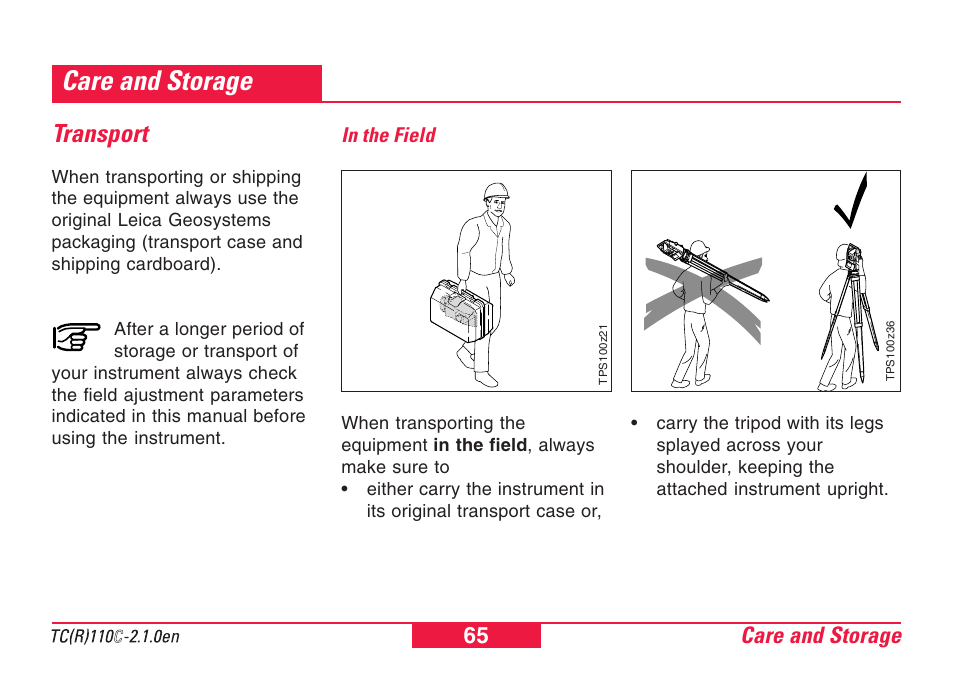 Care and storage, Transport, In the field | Leica Geosystems TPS110C User Manual | Page 65 / 104