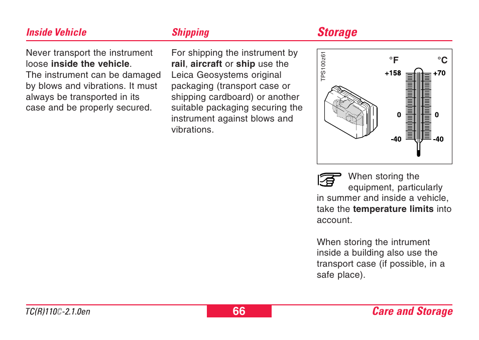 Inside vehicle, Shipping, Storage | Inside vehicle shipping | Leica Geosystems TPS110C User Manual | Page 66 / 104