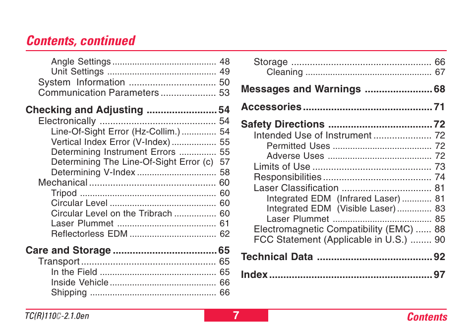 Contents, continued | Leica Geosystems TPS110C User Manual | Page 7 / 104