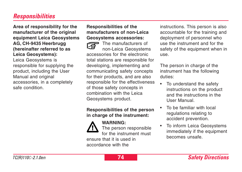 Responsibilities | Leica Geosystems TPS110C User Manual | Page 74 / 104