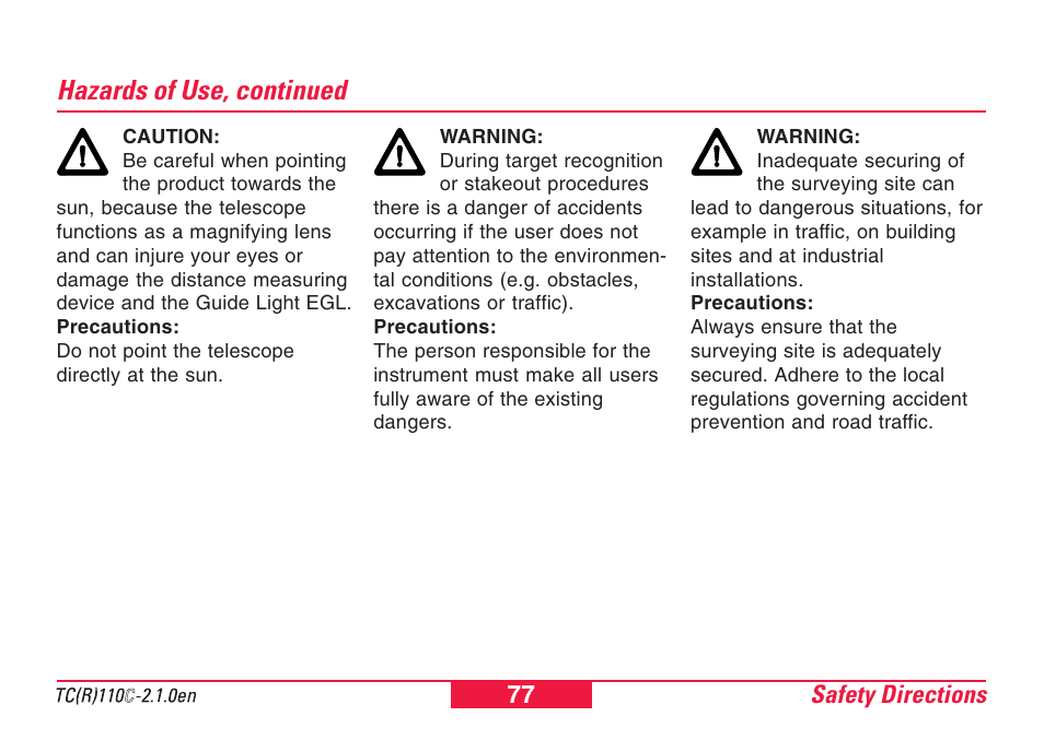 Hazards of use, continued | Leica Geosystems TPS110C User Manual | Page 77 / 104