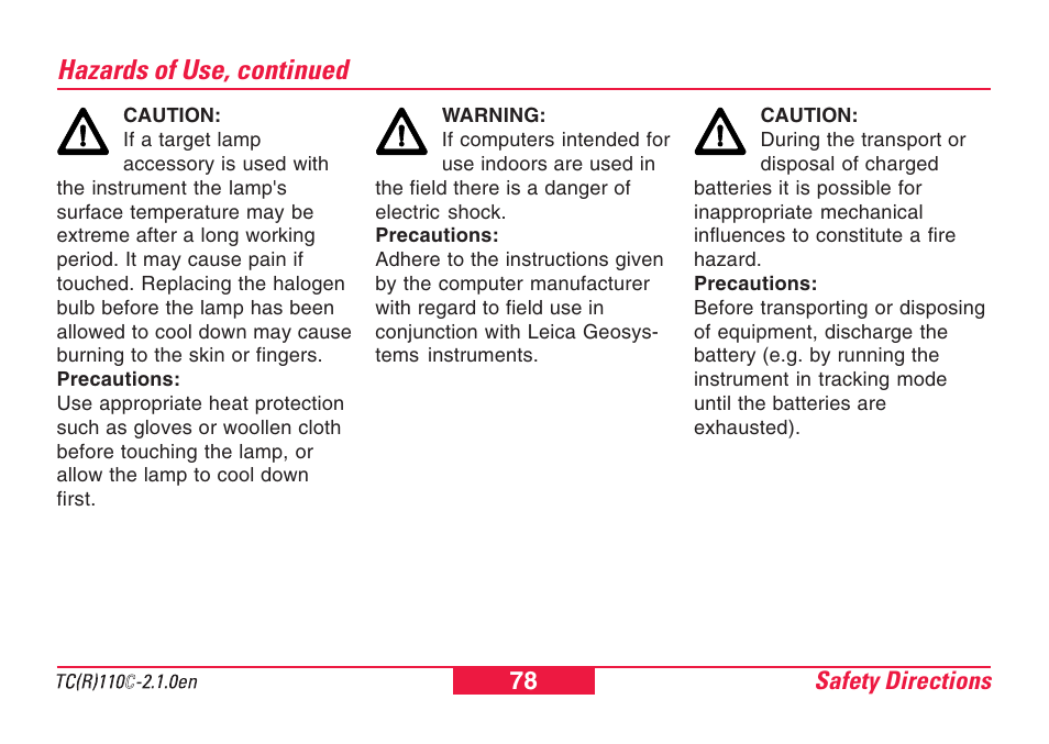 Hazards of use, continued | Leica Geosystems TPS110C User Manual | Page 78 / 104