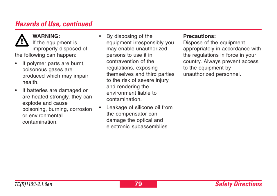 Hazards of use, continued | Leica Geosystems TPS110C User Manual | Page 79 / 104