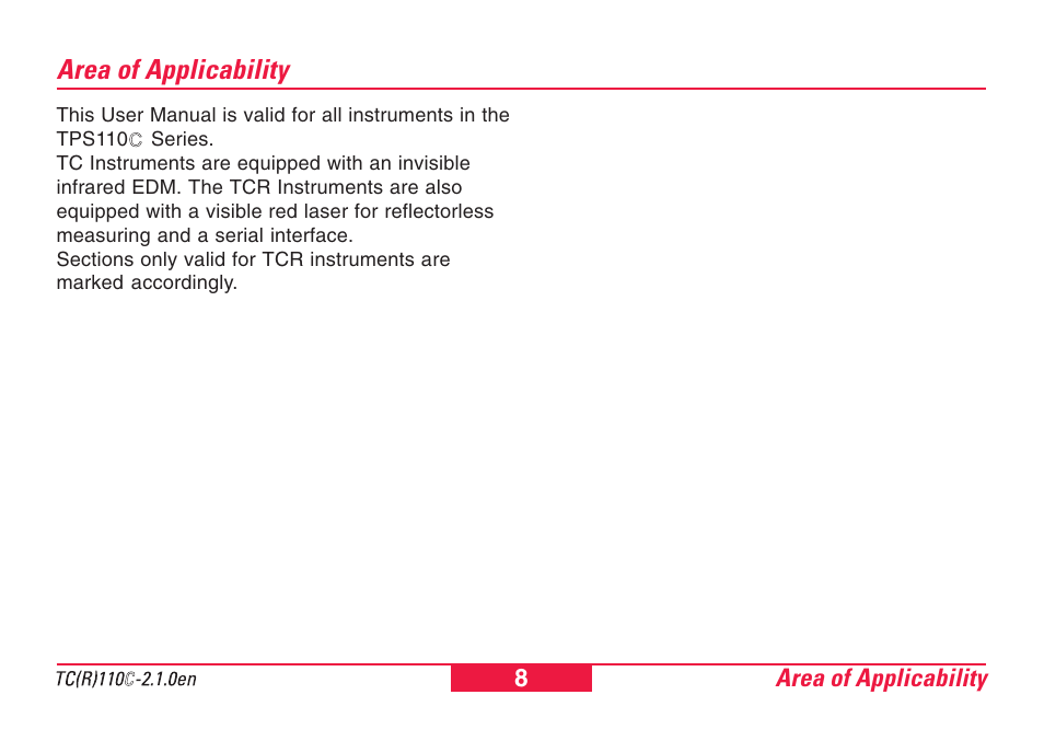 Area of applicability | Leica Geosystems TPS110C User Manual | Page 8 / 104