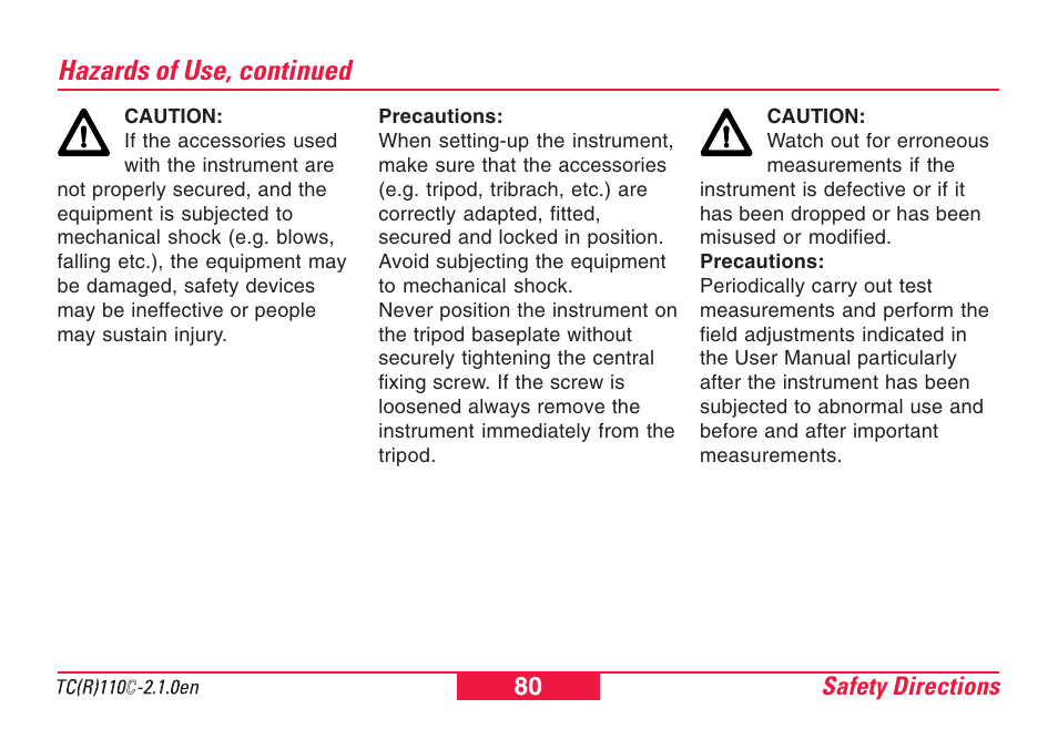 Hazards of use, continued | Leica Geosystems TPS110C User Manual | Page 80 / 104