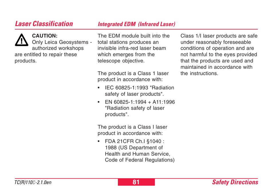 Laser classification, Integrated edm (infrared laser) | Leica Geosystems TPS110C User Manual | Page 81 / 104