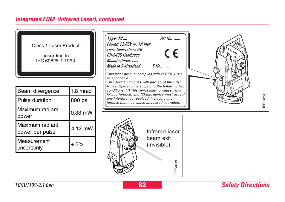 Safety directions 82 | Leica Geosystems TPS110C User Manual | Page 82 / 104