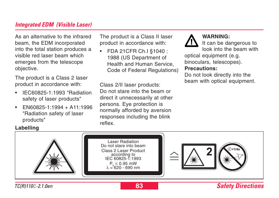 Integrated edm (visible laser), Safety directions 83 | Leica Geosystems TPS110C User Manual | Page 83 / 104