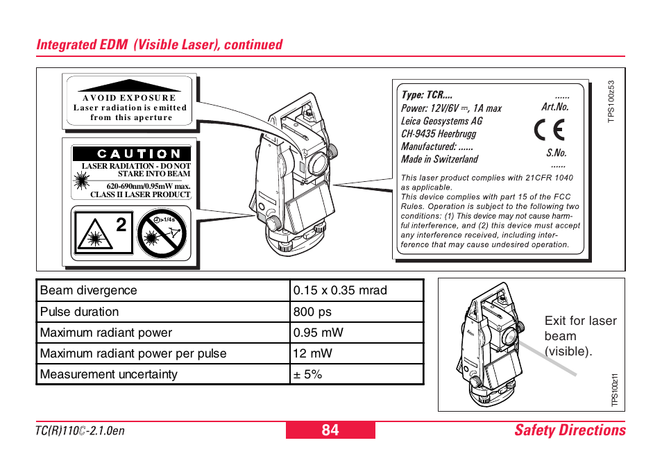 Safety directions 84, Integrated edm (visible laser), continued | Leica Geosystems TPS110C User Manual | Page 84 / 104