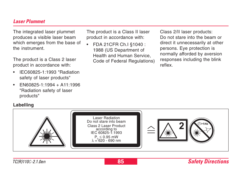 Laser plummet, Safety directions 85 | Leica Geosystems TPS110C User Manual | Page 85 / 104