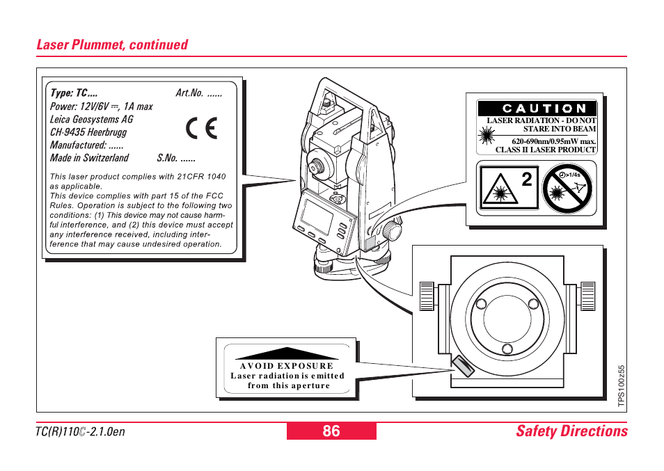 Safety directions 86, Laser plummet, continued | Leica Geosystems TPS110C User Manual | Page 86 / 104