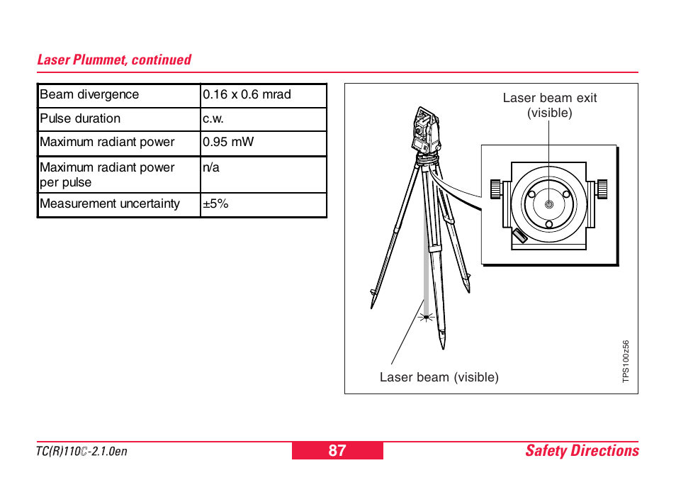 Safety directions 87 | Leica Geosystems TPS110C User Manual | Page 87 / 104