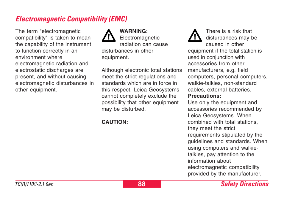 Electromagnetic compatibility (emc) | Leica Geosystems TPS110C User Manual | Page 88 / 104